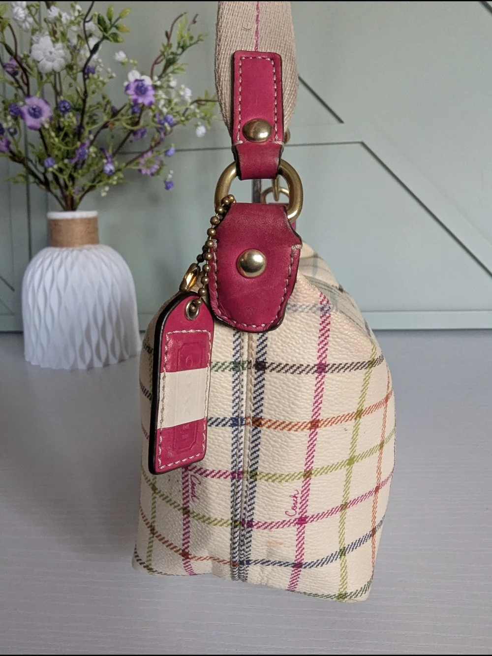 Coach Cream Plaid Canvas Shoulder Bag with Pink Accent